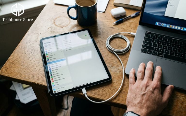 Mua iPad cũ ở đâu uy tín Hà Nội? Cách chọn đúng nơi bán để đỡ mua hớ Chiếc iPad cũ đang bật sáng màn hình, được cắm cáp kết nối trực tiếp với máy tính xách tay trên bàn làm việc để kỹ thuật viên kiểm tra độ chai pin.