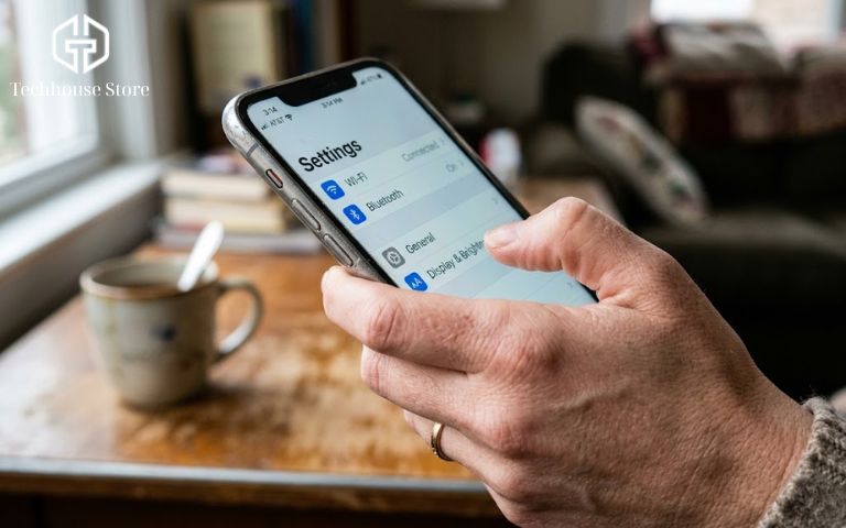 iPhone Thay Pin Có Nên Mua Không? Đừng Thấy Pin 100% Là Chốt Cận cảnh tay người dùng đang cầm một chiếc iPhone cũ để kiểm tra tình trạng pin trên màn hình cài đặt dưới ánh sáng tự nhiên.