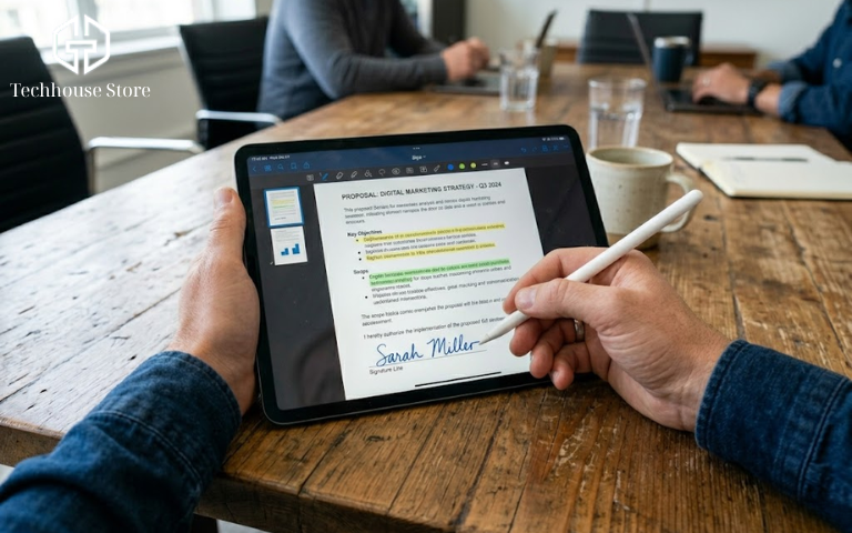 Cận cảnh tay người dùng cầm Apple Pencil gạch chân và ký duyệt tài liệu PDF trực tiếp trên màn hình iPad trong một phòng họp.