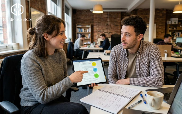 Hai nhân viên văn phòng đang cùng nhau xem xét và thảo luận ý tưởng trực tiếp trên màn hình iPad qua ứng dụng Google Docs.