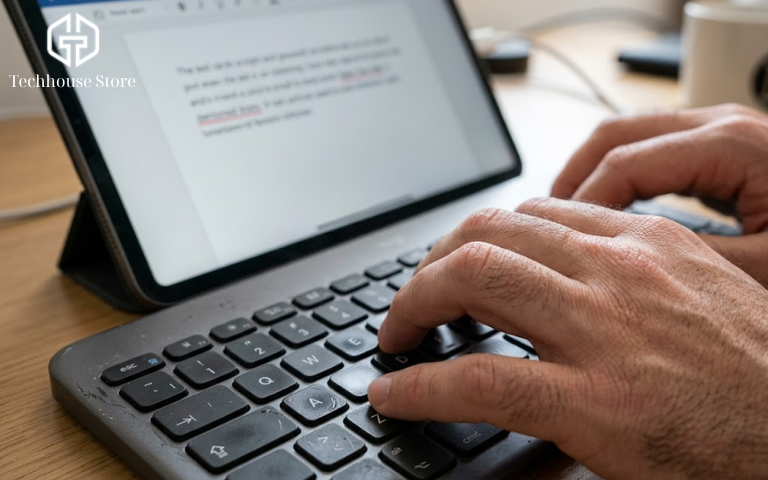 Cận cảnh đôi tay người dùng đang gõ văn bản trên bàn phím vật lý kết nối với máy tính bảng iPad trong lúc làm việc.