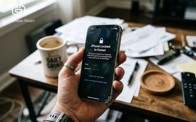 Cận cảnh màn hình iPhone dính iCloud hiển thị thông báo khóa kích hoạt (Activation Lock) trên tay người dùng.