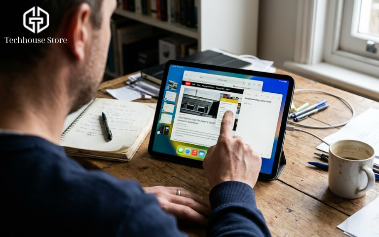 Giao diện tính năng Stage Manager trên iPad giúp người dùng quản lý và làm việc với nhiều cửa sổ ứng dụng cùng lúc một cách trực quan.