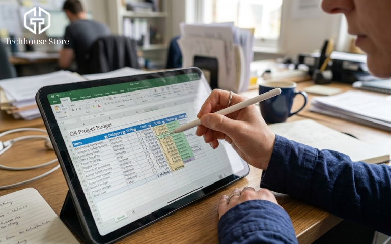 Giao diện ứng dụng Microsoft Excel đang được mở và thao tác trực tiếp trên màn hình chiếc iPad Air bằng bút cảm ứng.