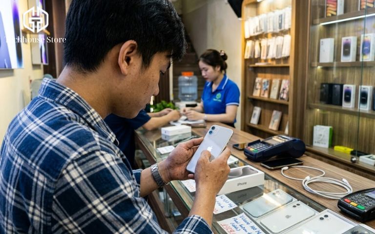 Mua iPhone cũ ở đâu uy tín Hà Nội? Gợi ý 5 địa chỉ & Kinh nghiệm mua an tâm Một nam thanh niên đang cầm trên tay để kiểm tra cẩn thận ngoại hình chiếc iPhone cũ tại một cửa hàng điện thoại uy tín ở Hà Nội.
