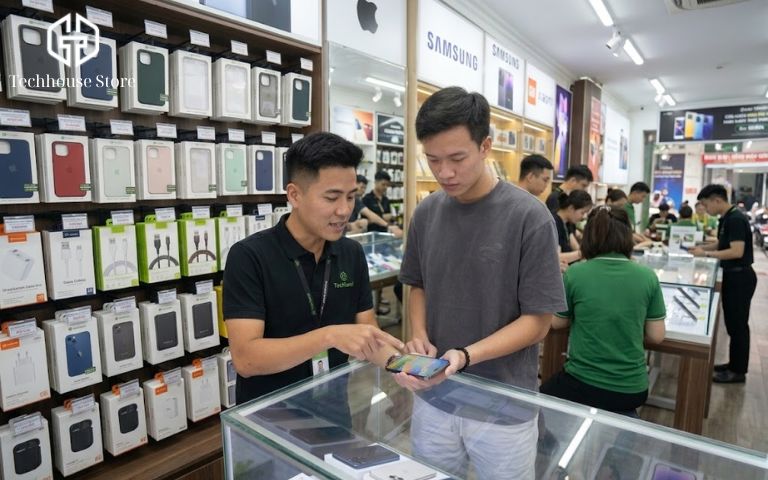 Khách hàng đang ngồi tại quầy trải nghiệm thực tế các dòng iPhone cũ và nghe nhân viên cửa hàng tư vấn về chính sách bảo hành.