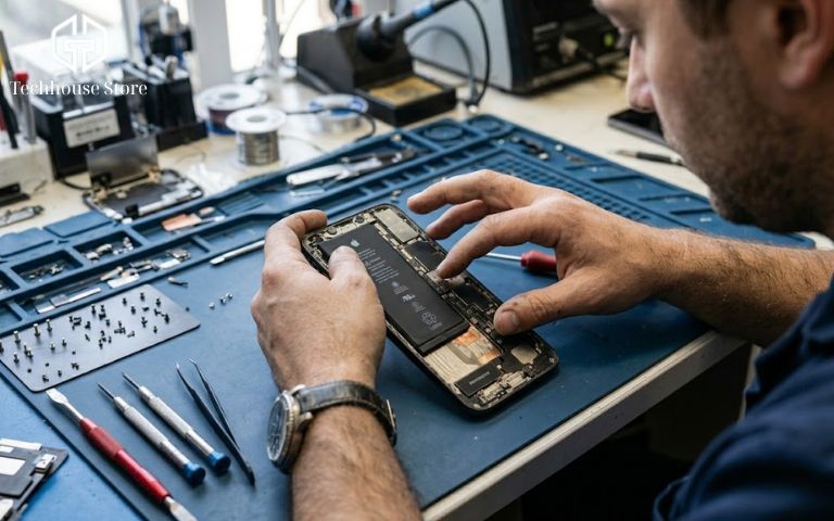 iPhone thay pin báo linh kiện không xác định: có nên mua không, có đáng lo không? Cận cảnh thợ kỹ thuật đang thao tác lắp viên pin mới vào bên trong chiếc iPhone đã được mở mặt kính trên bàn làm việc.