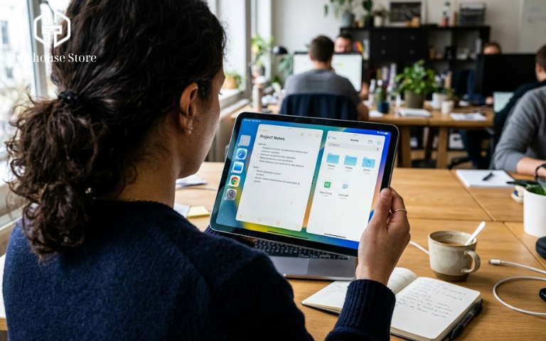 Góc nhìn thực tế giao diện đa nhiệm trên màn hình iPad hiển thị việc sắp xếp các thư mục và tệp tin công việc một cách khoa học.