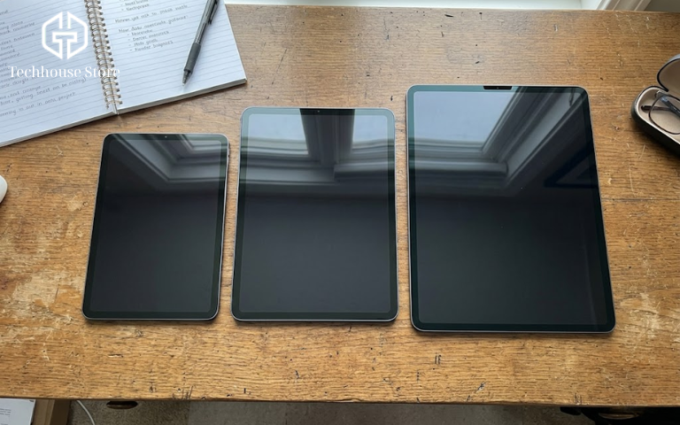 Ba chiếc iPad với kích thước khác nhau gồm iPad Mini, iPad Air và iPad Pro được đặt cạnh nhau trên bàn làm việc để người dùng so sánh.