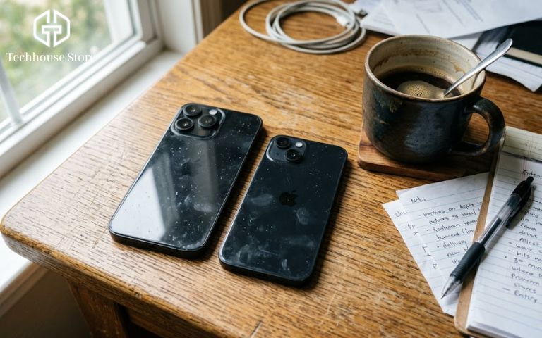 iPhone nào pin trâu nhất? So sánh pin các dòng iPhone để chọn máy đáng mua Hai chiếc điện thoại iPhone với kích thước khác nhau (bản Pro Max lớn và bản thường nhỏ gọn) được đặt cạnh nhau trên bàn làm việc bằng gỗ.