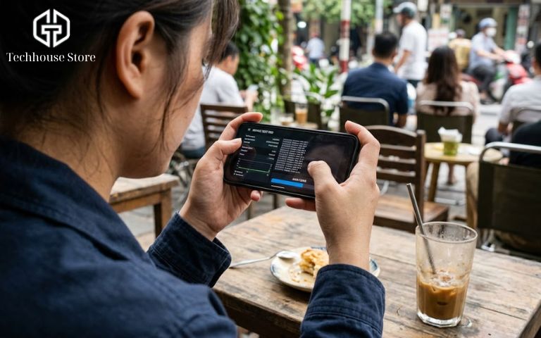 iPhone Thay Pin Có Nên Mua Không? Đừng Thấy Pin 100% Là Chốt Chàng trai đang cầm ngang chiếc điện thoại bằng hai tay để chơi game, kiểm tra xem máy có bị tụt pin nhanh hay nóng lên bất thường không.