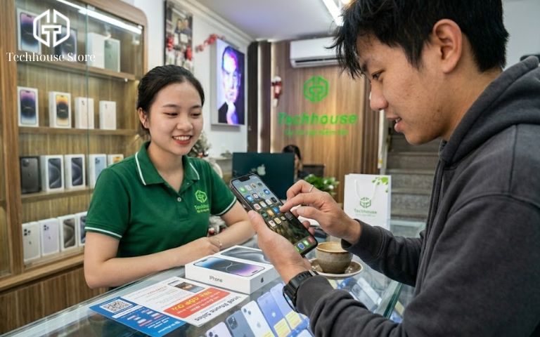 iPhone thay màn có nên mua không? 5 dấu hiệu nhận biết máy còn đáng tiền Khách hàng đang ngồi tại một cửa hàng bán lẻ điện thoại, tự tay lướt cảm ứng và kiểm tra một chiếc iPhone cũ dưới sự tư vấn của nhân viên.