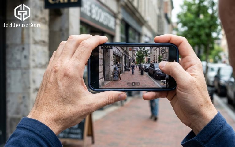 iPhone nào pin trâu nhất? So sánh pin các dòng iPhone để chọn máy đáng mua Ảnh chụp cận cảnh tay người đang cầm iPhone mở ứng dụng Camera ở chế độ quay video 4K để kiểm tra tốc độ tụt pin thực tế.