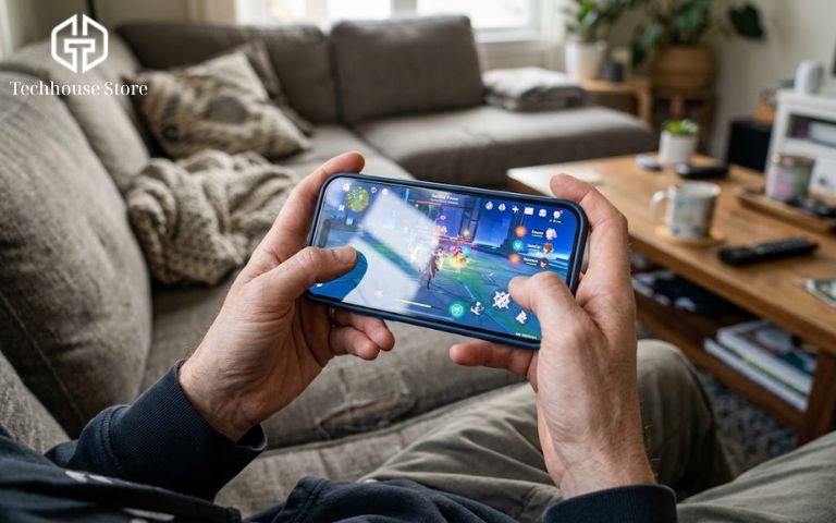 Người dùng cầm ngang chiếc iPhone 14 Pro Max màn hình lớn 6.7 inch để chơi game giải trí trong thời gian rảnh rỗi.