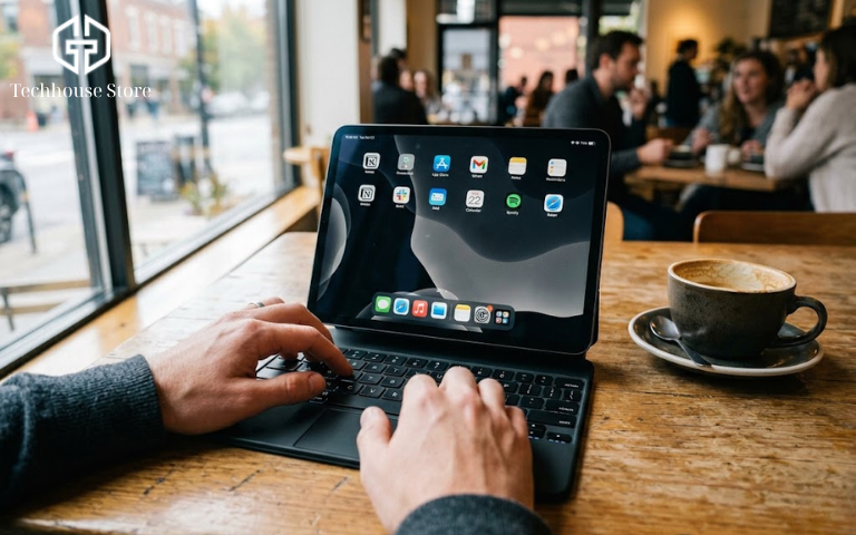 Người dùng thao tác ứng dụng văn phòng cho iPad kết hợp bàn phím tại quán cà phê một cách gọn gàng và chuyên nghiệp.