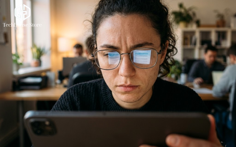 Cận cảnh nét mặt tập trung của người dùng khi đang kiểm tra một báo cáo tài liệu phức tạp trên chiếc máy tính bảng iPad.