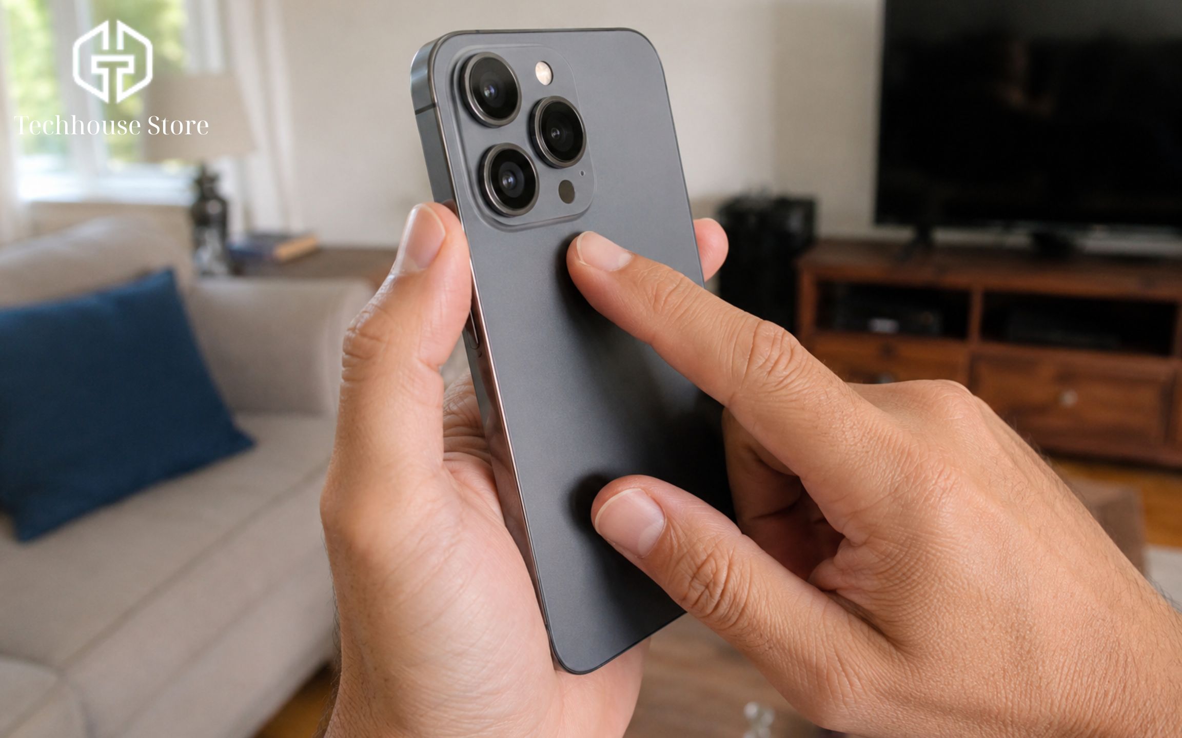 Người dùng đang cầm và sờ vào mặt lưng một chiếc iPhone bị nóng ran bất thường trong quá trình sử dụng hàng ngày.