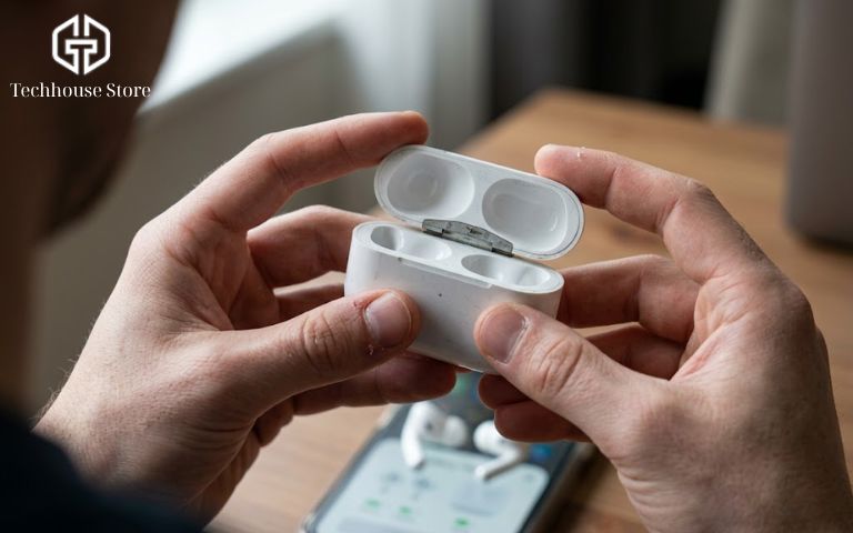 Thao tác soi kỹ bản lề và chân sạc khi kiểm tra AirPods cũ likenew