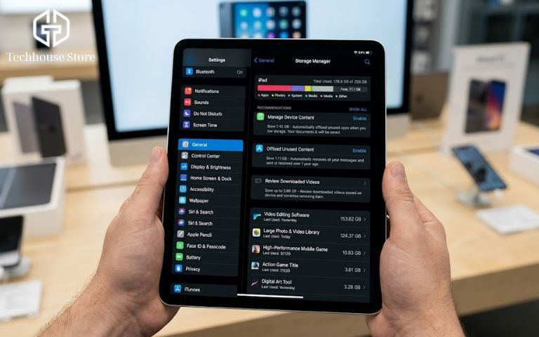 Nên mua iPad bao nhiêu GB? Kinh nghiệm chọn dung lượng phù hợp, không lãng phí Góc nhìn từ trên xuống của một người đang cầm iPad và truy cập vào mục Dung lượng iPad trong ứng dụng Cài đặt.