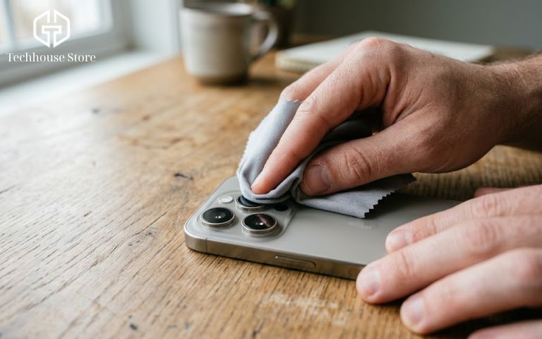 Camera iPhone bị rung: Nguyên nhân và cách khắc phục tại nhà Cận cảnh đôi tay dùng khăn vải vi sợi mềm để lau cẩn thận cụm camera sau của điện thoại iPhone đặt trên bàn.