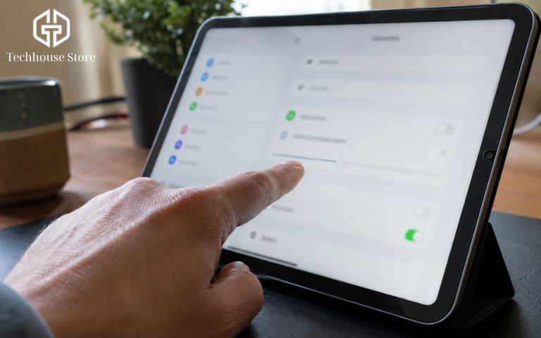 Nên mua iPad nào cho bé học tiếng Anh? Gợi ý chọn máy vừa đủ, không lãng phí Bàn tay phụ huynh đang thao tác trên giao diện cài đặt thời gian sử dụng thiết bị để quản lý trẻ học tiếng Anh.