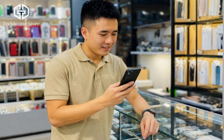 Camera iPhone bị rung: Nguyên nhân và cách khắc phục tại nhà Khách hàng đang đứng tại quầy kính của cửa hàng điện thoại để cầm thử và trải nghiệm thực tế một chiếc iPhone.