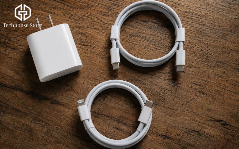 Dùng sạc nhanh cho iPhone có hại pin không? Cách sạc an toàn, bền pin hơn Hình ảnh thực tế một củ sạc nhanh 20W chuẩn PD và hai sợi cáp sạc đặt trên mặt bàn gỗ.