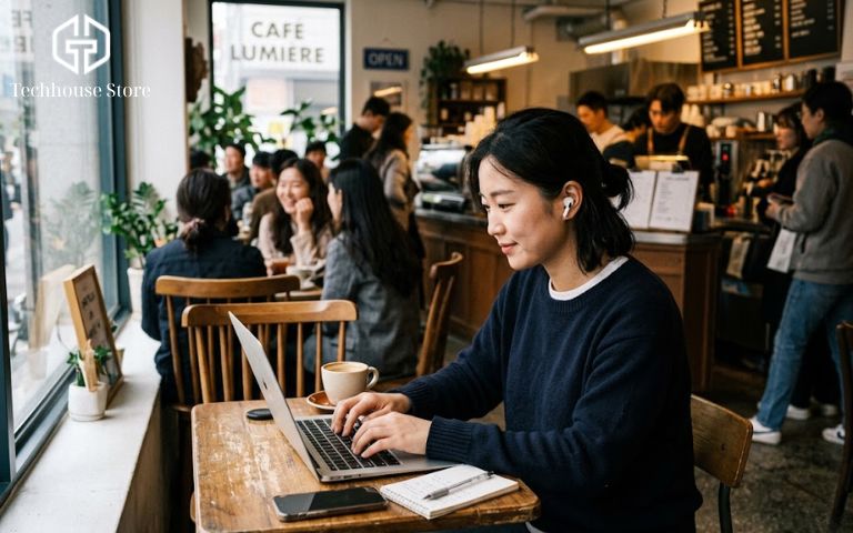 rải nghiệm đeo AirPods chống ồn khi làm việc tại quán cà phê đông người