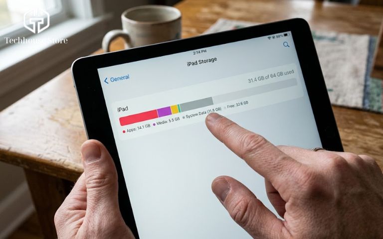 Nên mua iPad bao nhiêu GB? Kinh nghiệm chọn dung lượng phù hợp, không lãng phí Màn hình cài đặt iPad hiển thị thanh bộ nhớ bị chiếm dụng một phần lớn bởi hệ điều hành iPadOS và dữ liệu hệ thống.