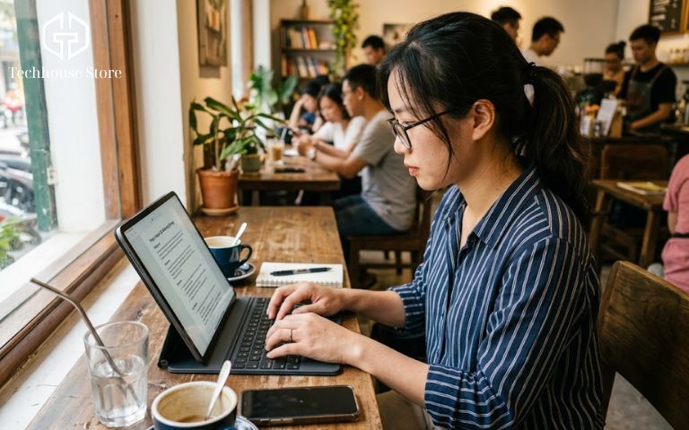 Nên mua iPad bao nhiêu GB? Kinh nghiệm chọn dung lượng phù hợp, không lãng phí Một người dùng đang ngồi làm việc trên iPad với bao da bàn phím tại quán cà phê, xử lý tài liệu văn phòng cơ bản.