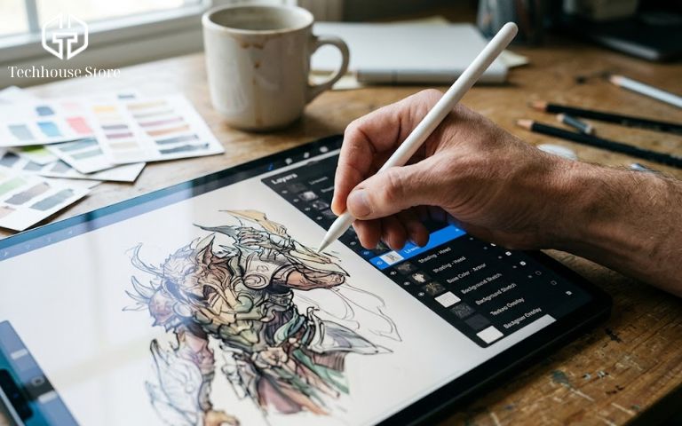 Nên mua iPad bao nhiêu GB? Kinh nghiệm chọn dung lượng phù hợp, không lãng phí Cận cảnh bàn tay đang dùng bút cảm ứng vẽ minh họa một tệp đồ họa nhiều layer trên màn hình iPad.