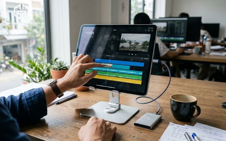 Nên mua iPad bao nhiêu GB? Kinh nghiệm chọn dung lượng phù hợp, không lãng phí Góc làm việc chuyên nghiệp với chiếc iPad đang mở giao diện ứng dụng chỉnh sửa video nhiều timeline, phù hợp với mức dung lượng 512GB hoặc 1TB.