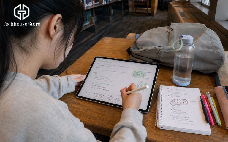 Nên mua iPad Air hay iPad Pro? So sánh theo nhu cầu và ngân sách Nữ sinh viên đang ngồi học tại quán cà phê, sử dụng bút cảm ứng để ghi chú trực tiếp lên màn hình máy tính bảng.