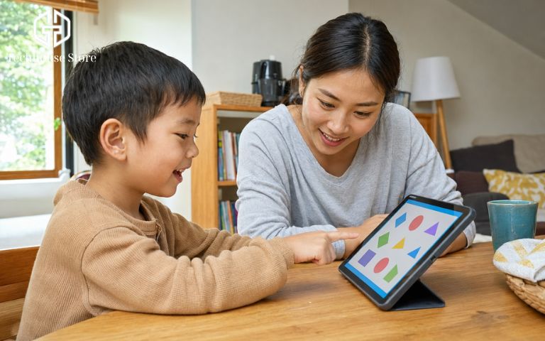 Trẻ em ngồi học tiếng Anh trên iPad cùng phụ huynh giúp bé tiếp thu tốt và hạn chế thời gian dùng màn hình.