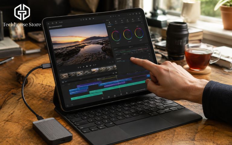 Nên mua iPad Air hay iPad Pro? So sánh theo nhu cầu và ngân sách Không gian làm việc của người làm sáng tạo nội dung với chiếc máy tính bảng gắn trên bàn phím từ tính, đang mở phần mềm chỉnh sửa video.