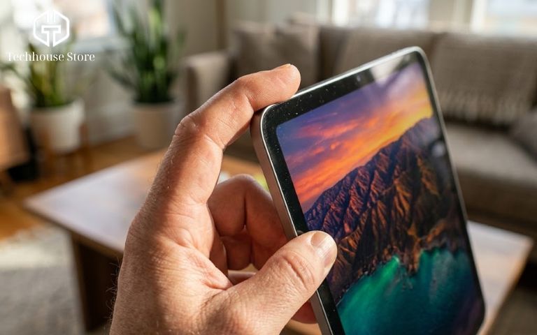 Nên mua iPad Air hay iPad Pro? So sánh theo nhu cầu và ngân sách Chụp cận cảnh góc nghiêng của một chiếc máy tính bảng hiển thị hình ảnh sắc nét dưới ánh sáng tự nhiên.