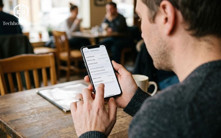 Camera iPhone bị rung: Nguyên nhân và cách khắc phục tại nhà Người dùng đang cầm điện thoại xem màn hình menu cài đặt hệ thống để kiểm tra lịch sử thay thế linh kiện của máy cũ.