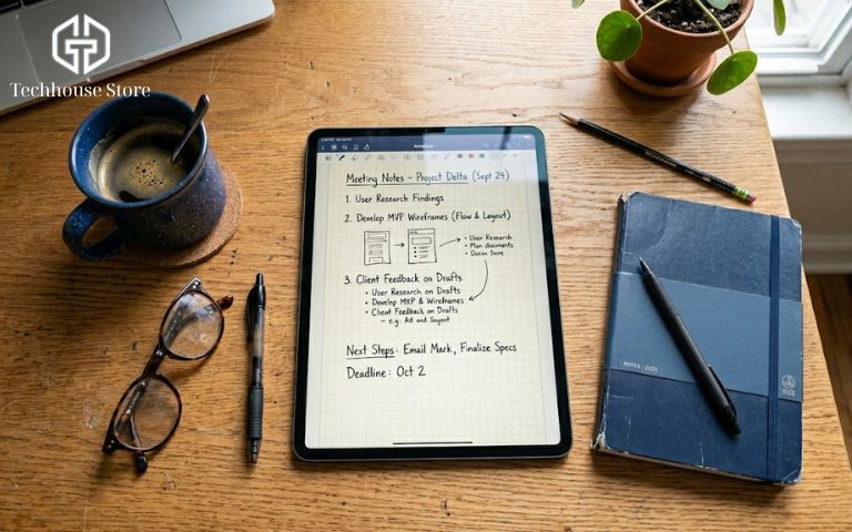 Nên mua iPad bao nhiêu GB? Kinh nghiệm chọn dung lượng phù hợp, không lãng phí Góc làm việc đời thường với chiếc iPad đang mở ứng dụng ghi chú, giúp người dùng cân nhắc nên mua iPad bao nhiêu GB.