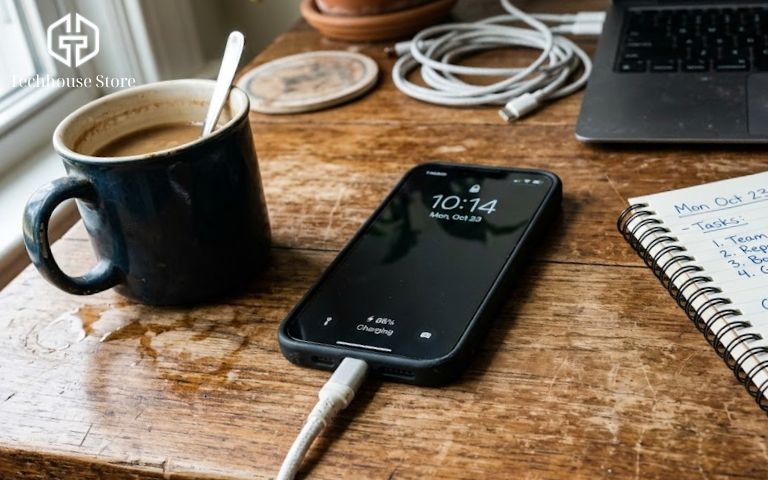Cận cảnh một chiếc điện thoại iPhone đang được cắm sạc nhanh trên bàn làm việc, bối cảnh đời thường ánh sáng tự nhiên.