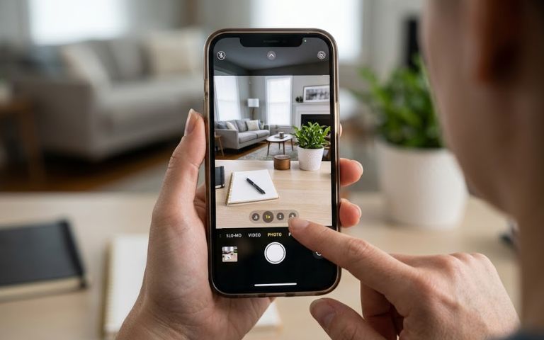 Camera iPhone bị rung: Nguyên nhân và cách khắc phục tại nhà Ngón tay người dùng đang thao tác chạm vào các biểu tượng mức zoom 0.5x, 1x, 2x trên giao diện ứng dụng Camera mặc định của iPhone.