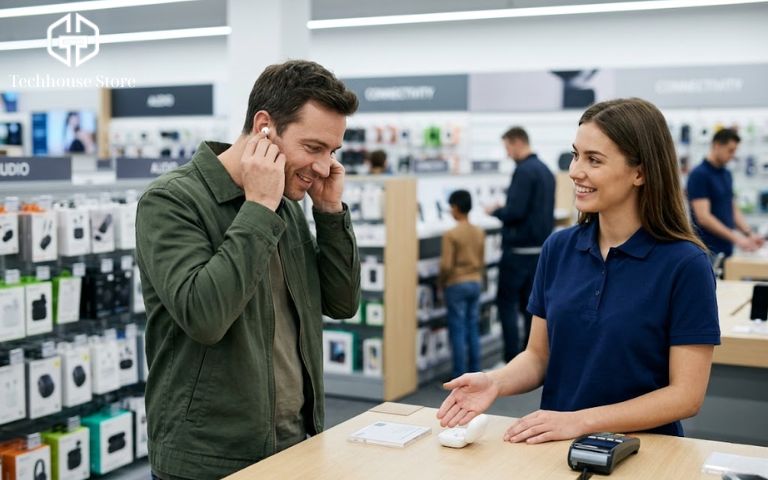 Khách hàng trực tiếp đeo thử và kiểm tra âm thanh AirPods tại quầy