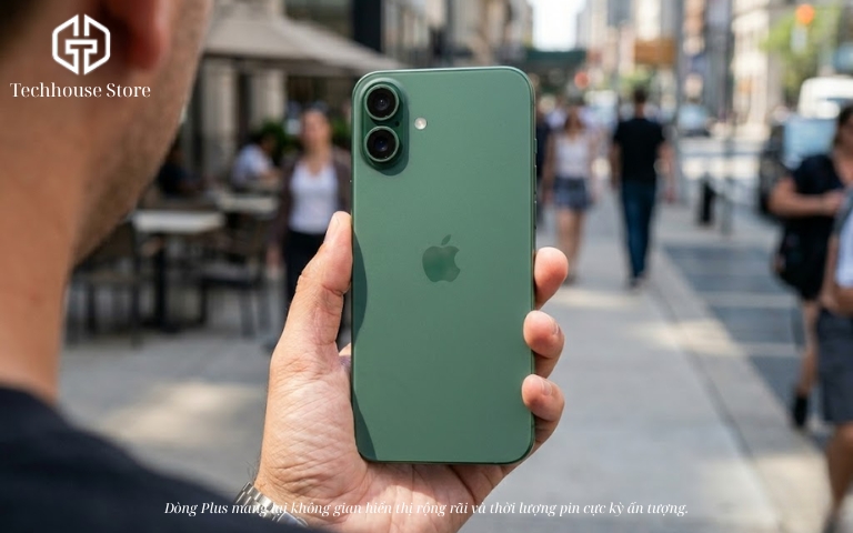 Tổng hợp dung lượng pin iPhone các đời và gợi ý chọn máy phù hợp Cận cảnh bàn tay đang cầm một chiếc điện thoại thông minh màn hình lớn dưới ánh sáng tự nhiên ngoài trời, khoe thiết kế hiện đại.