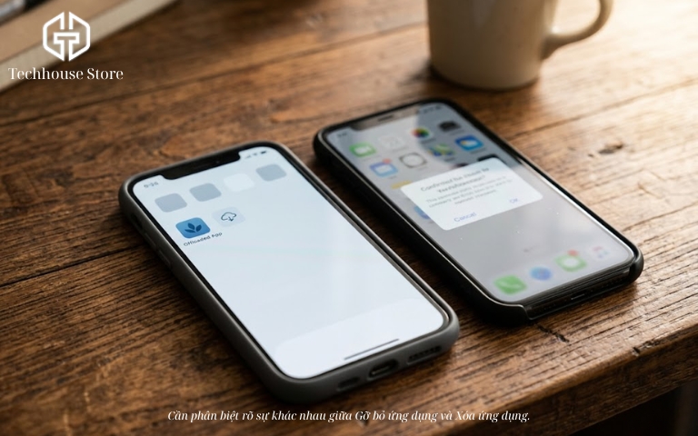 Cách giải phóng dung lượng iPhone nhanh, an toàn và hạn chế mất dữ liệu Hai chiếc điện thoại thông minh đặt cạnh nhau trên bàn gỗ, màn hình chiếc bên trái có một ứng dụng với biểu tượng đám mây biểu thị trạng thái gỡ bỏ, chiếc bên phải hiển thị cửa sổ xác nhận xóa.