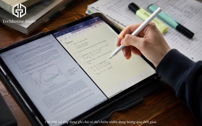 iPad 64GB có đủ dùng không? Tư vấn chọn đúng theo nhu cầu ận cảnh một bàn tay đang cầm bút cảm ứng viết ghi chú lên màn hình iPad đặt trên bàn học, xung quanh là sách vở và bút thước.