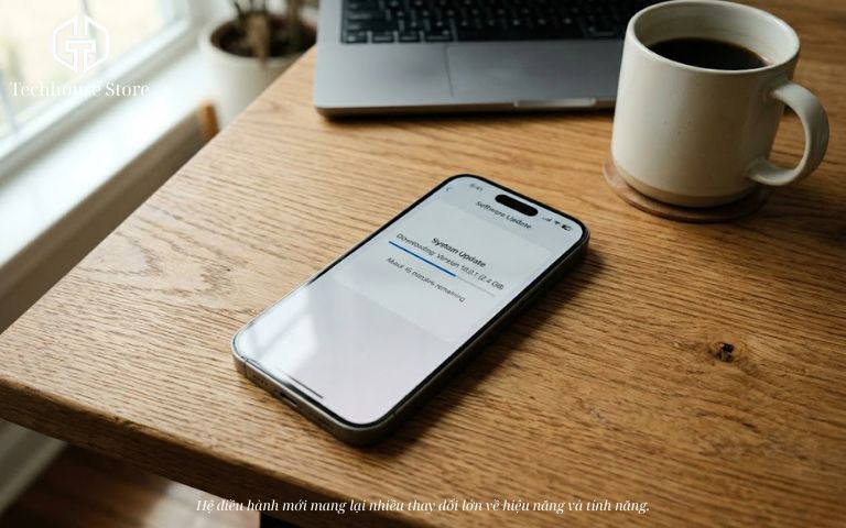 Cận cảnh một chiếc điện thoại iPhone đặt trên bàn làm việc bằng gỗ, màn hình đang hiển thị giao diện cập nhật phần mềm hệ điều hành iOS mới với thanh tiến trình tải xuống.