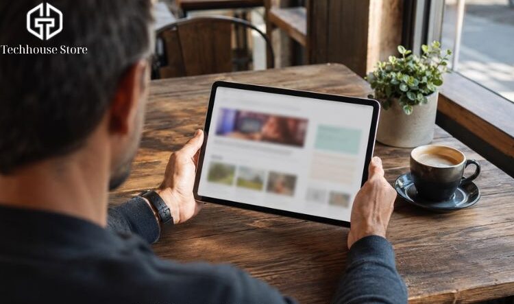 Một người đang ngồi lướt iPad tại bàn gỗ cạnh cửa sổ sáng, bên cạnh là một tách cà phê, thể hiện nhu cầu sử dụng máy tính bảng ở mức cơ bản.