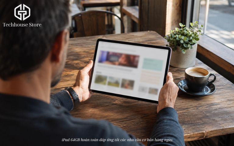 iPad 64GB có đủ dùng không? Tư vấn chọn đúng theo nhu cầu Một người đang ngồi lướt iPad tại bàn gỗ cạnh cửa sổ sáng, bên cạnh là một tách cà phê, thể hiện nhu cầu sử dụng máy tính bảng ở mức cơ bản.