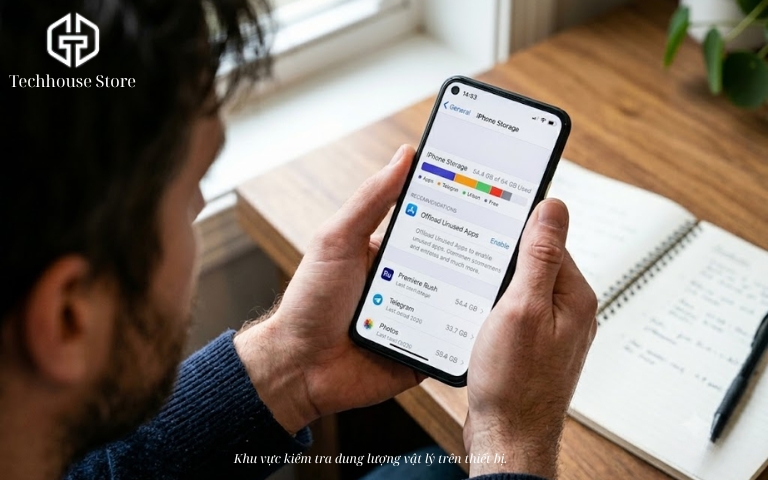 Có mua thêm dung lượng iPhone được không? Phân biệt bộ nhớ máy và iCloud Màn hình iPhone hiển thị mục Dung lượng iPhone trong phần Cài đặt với thanh biểu đồ phân bổ dữ liệu nhiều màu sắc.