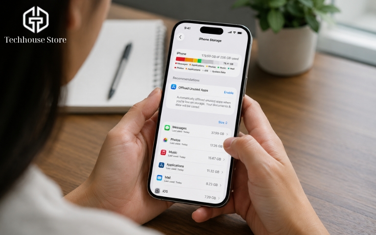 Cận cảnh góc chụp qua vai, đôi bàn tay đang cầm iPhone lướt màn hình ứng dụng Cài đặt để kiểm tra biểu đồ dung lượng lưu trữ trong môi trường ánh sáng tự nhiên.