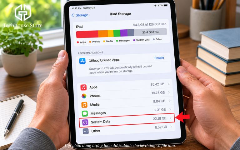 iPad 64GB có đủ dùng không? Tư vấn chọn đúng theo nhu cầu Cận cảnh hai tay đang cầm iPad hiển thị giao diện cài đặt bộ nhớ, có thanh ngang nhiều màu sắc thể hiện dung lượng hệ thống đã sử dụng.